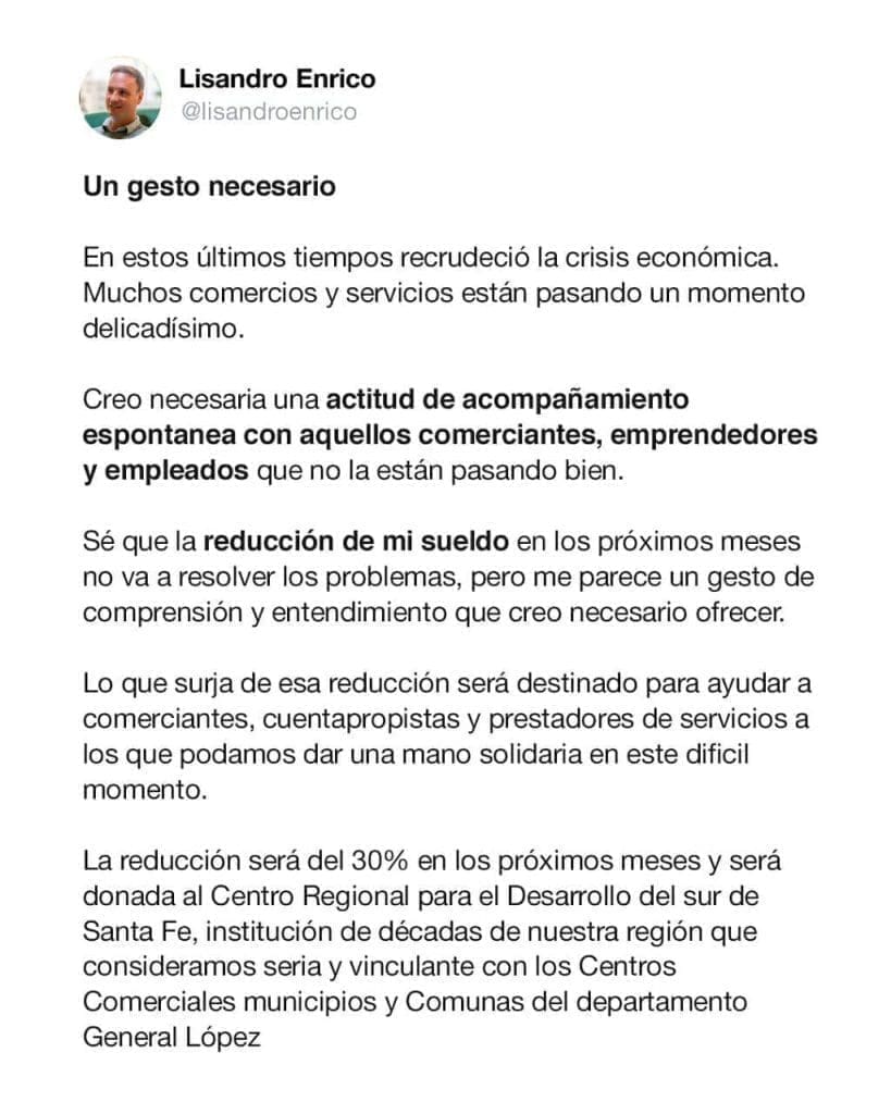 El senador Enrico dona el 30% de su sueldo a emprendedores y empleados