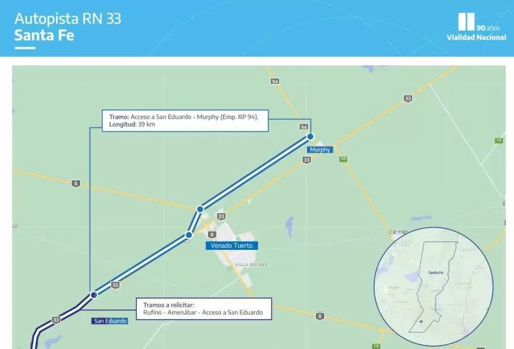 Autopista Ruta Nacional 33: Se adjudicó la obra de 39 km entre San Eduardo y Murphy Autopista Ruta Nacional 33: Se adjudicó la obra de 39 km entre San Eduardo y Murphy