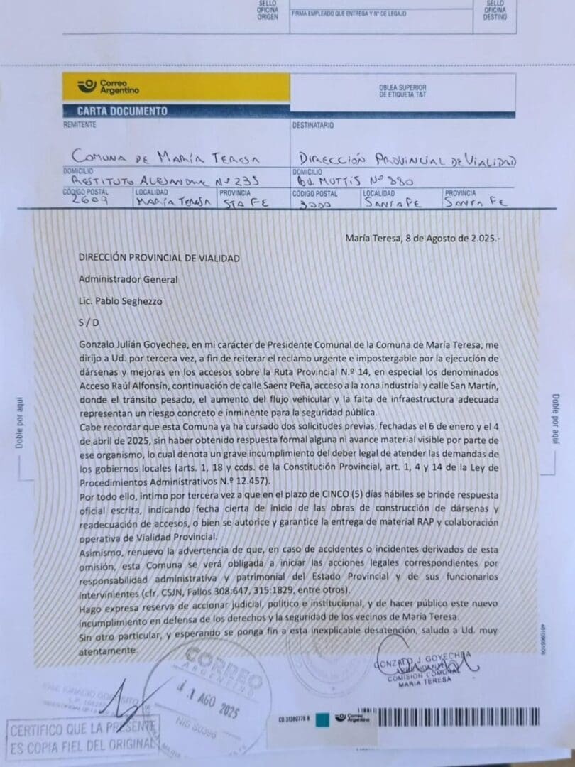 Tercera intimación a Vialidad Provincial: María Teresa advierte sobre riesgo vial en la Ruta 14