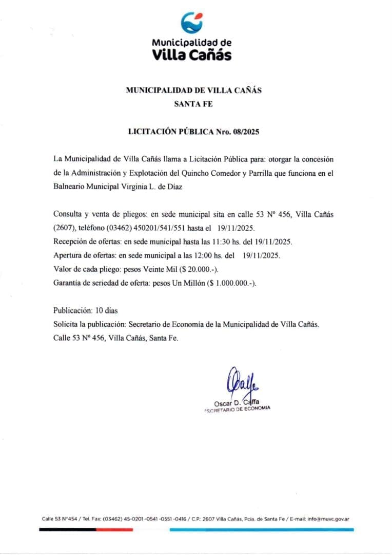 Villa Cañás: Licitación para la concesión del quincho del balneario municipal