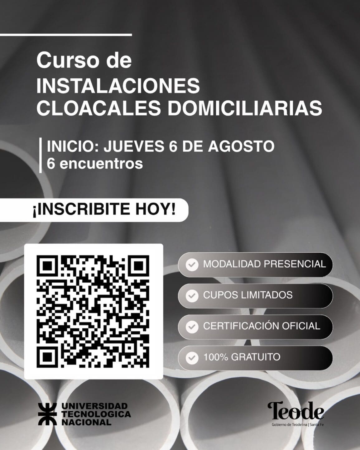 Teodelina: Abre la inscripción a un curso gratuito de instalaciones cloacales domiciliarias